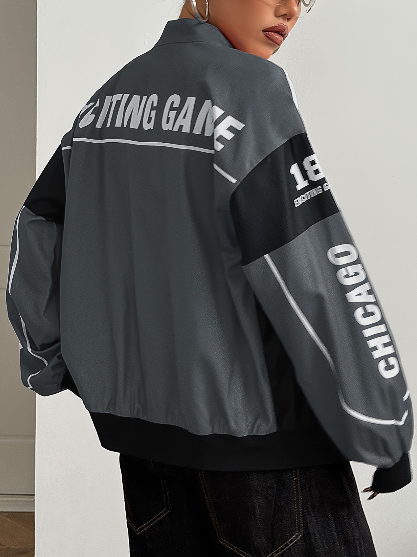 Women'S Vintage-Inspired Letter Print Bomber Jacket - Long Sleeve Zip-Up with Stand Collar, Lightweight Polyester, Black & White Design, Casual Chic for All Seasons SS69