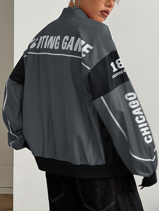 Women'S Vintage-Inspired Letter Print Bomber Jacket - Long Sleeve Zip-Up with Stand Collar, Lightweight Polyester, Black & White Design, Casual Chic for All Seasons SS69