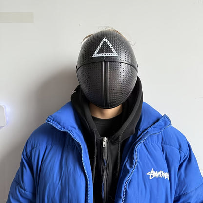 [Playful] Adjustable Black Full-Face Costume Mask for Adults - Funky Soldier Design with White Triangle & Circle Patterns, Breathable Plastic, Ideal for Halloween & Cosplay Parties, Roleplaying Prop | Playful Design | Secure SS69