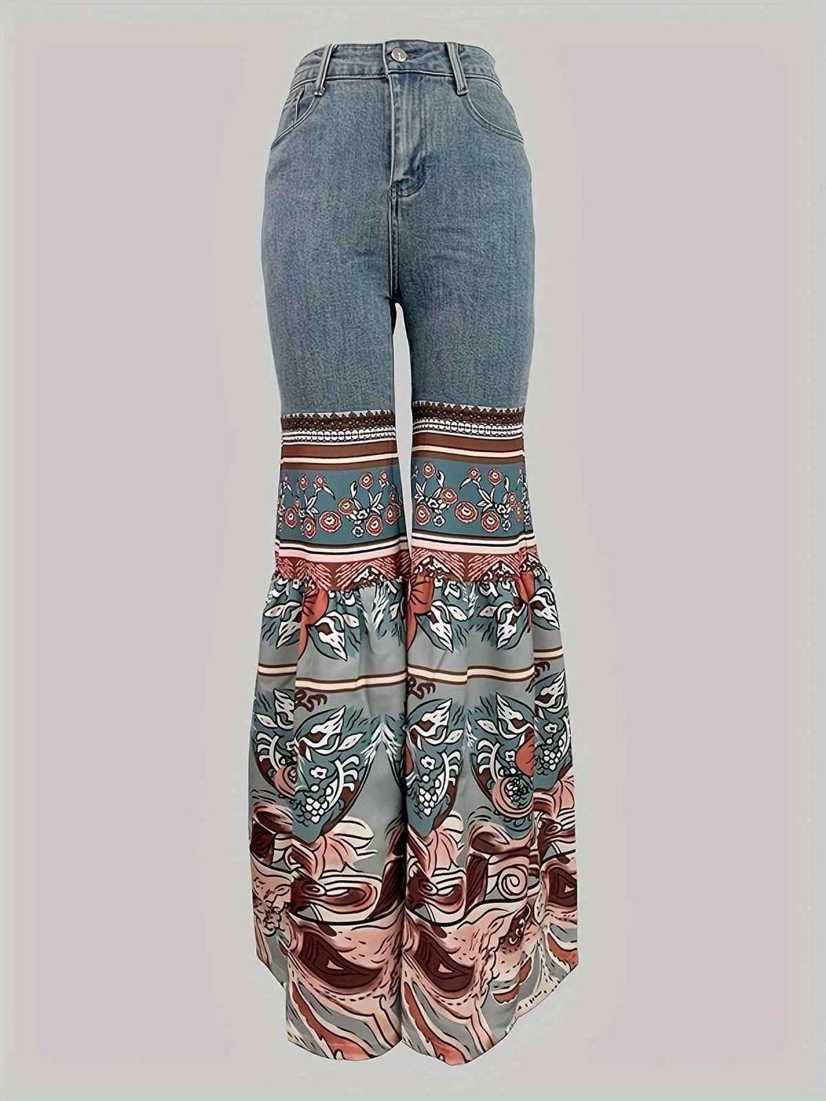 Women'S New Retro Printed High Waisted Pocket Jeans, Loose Casual Flared Pants