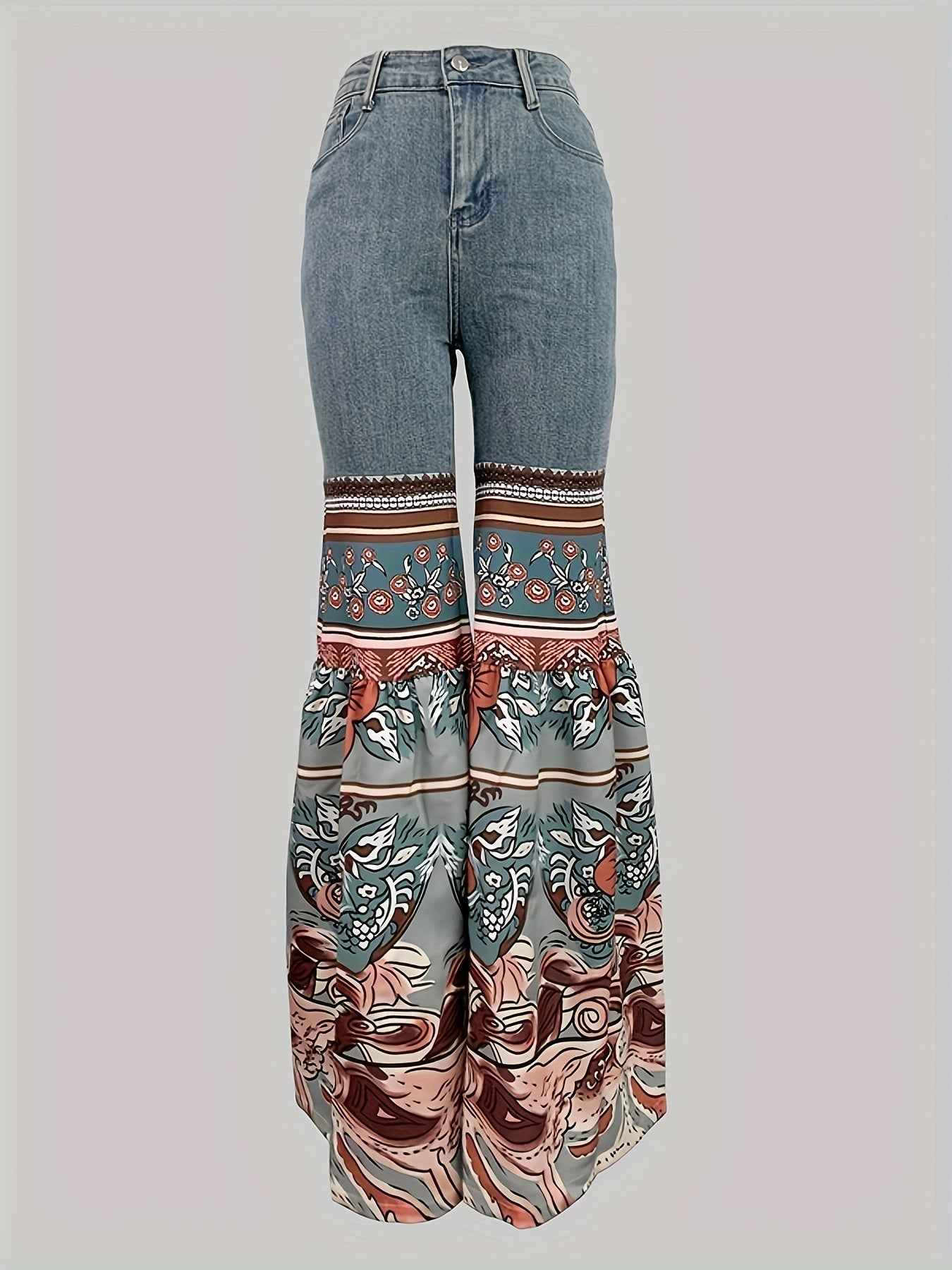 Women'S New Retro Printed High Waisted Pocket Jeans, Loose Casual Flared Pants