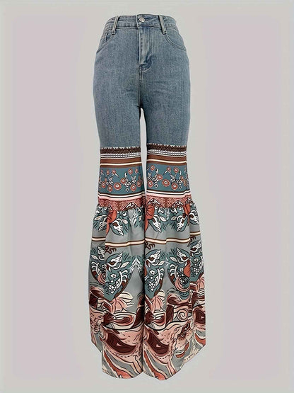 Women'S New Retro Printed High Waisted Pocket Jeans, Loose Casual Flared Pants