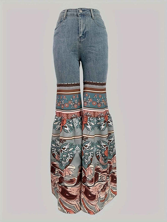 Women'S New Retro Printed High Waisted Pocket Jeans, Loose Casual Flared Pants