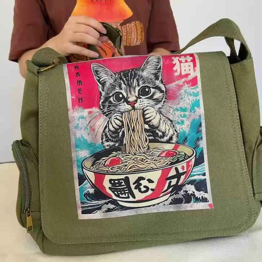Large Capacity Shoulder Bag, Vintage Tote Crossbody Bag, Messenger Bag Supplementary Bag, Eating Ramen Cat Print, Suitable for Various Scenarios, Great Choice for Shopping, Travel, and Eating Out, Gift
