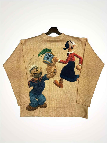 2D Printed Sweater with Vintage Pattern, Women's Lazy Style Cardigan for Autumn and Winter, Loose Fit Versatile Top, Popeye Print Fashionable Elegant Trendy Full Print Cardigan, "The First Gentle Cardigan of Early Autumn, 2D