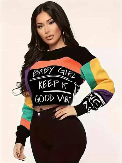 Women's Fashion Color Block Crew Neck Sweatshirt with Alphabet Print, Polyester 95% Spandex 5% Knit Fabric, Regular Fit Pullover with Drawstring Detail for All Seasons - SS69