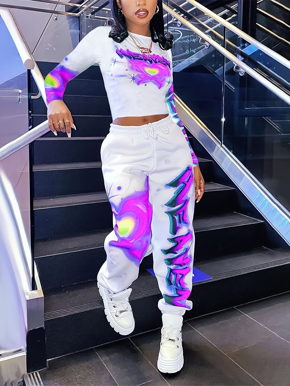 [Vibrant Y2K-Inspired Activewear Set] Vibrant Y2K-Inspired Heart & Letter Print Activewear Set - Long Sleeve Crop Top & Drawstring Joggers, Polyester/Spandex Blend, Perfect for Daily Fitness & Outdoor Fashion SS69