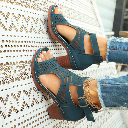 Women'S Summer Open-Toe Heel Sandals- Black Perforated Hollow Design, Ankle Strap And Zipper Closure, Stylish Breathable Casual Outdoor Shoes, Large-Size High-Heeled Sandals, Size US6-US11