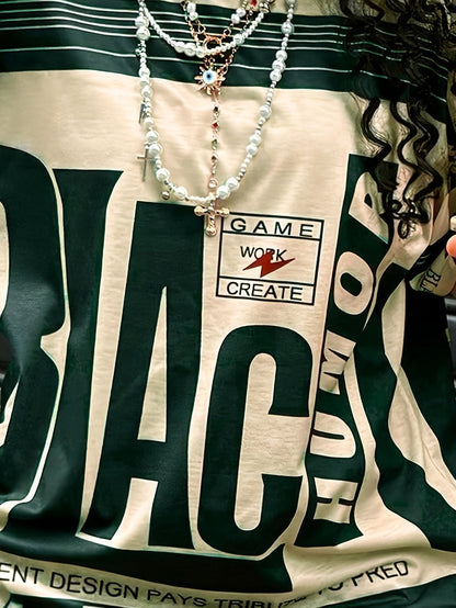 Youth Casual Crew Neck T-Shirt, Polyester 95% Elastane 5% Knit Fabric, All Over Print Short Sleeve Loose Fit Top for All Seasons SS69