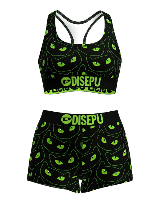 [Comfort Fit Yoga Running Shorts Set] Women's Trendy Cartoon Cat Print High-Stretch Breathable Sports Bra & Shorts Set - Comfort Fit, Shockproof for Yoga, Running & Swimming, Fitness Essentials SS69