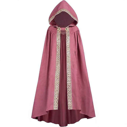 Medieval-Style Hooded Cape Costume, Celtic Knot & Satin Trim, Adjustable Tie-Front Closure, Renaissance Faire Outfit for Renaissance Festival Cosplay Themed Parties, Beige Pink Dark Green Burgundy