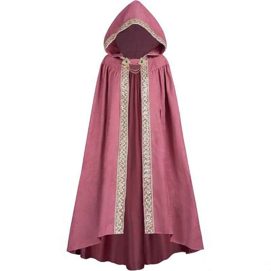 Medieval-Style Hooded Cape Costume, Celtic Knot & Satin Trim, Adjustable Tie-Front Closure, Renaissance Faire Outfit for Renaissance Festival Cosplay Themed Parties, Beige Pink Dark Green Burgundy