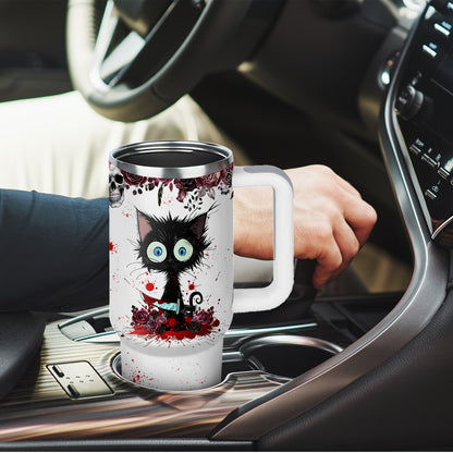 [Horror Cat Coffee Mug] Halloween Horror Cat Coffee Mug | 1pc Stainless Steel Insulated Cup 40oz with Lid & Straw, Large Capacity, White - Halloween Cat Cup SS69