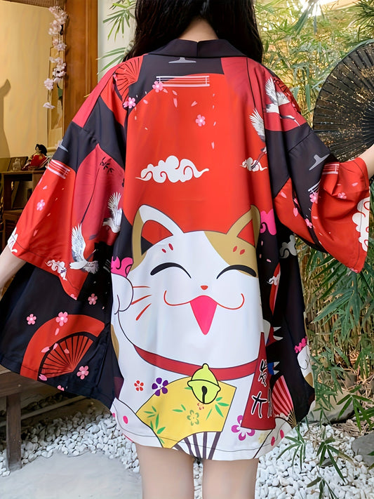 [Costume Delight] Anime Cosplay Kimono Cardigan - Lucky Cat & Festive Motifs, Lightweight Polyester, 3/4 Sleeve, Open Front Shawl - Ideal for Spring/Summer, Sun Protection, Halloween & Christmas Costumes SS69