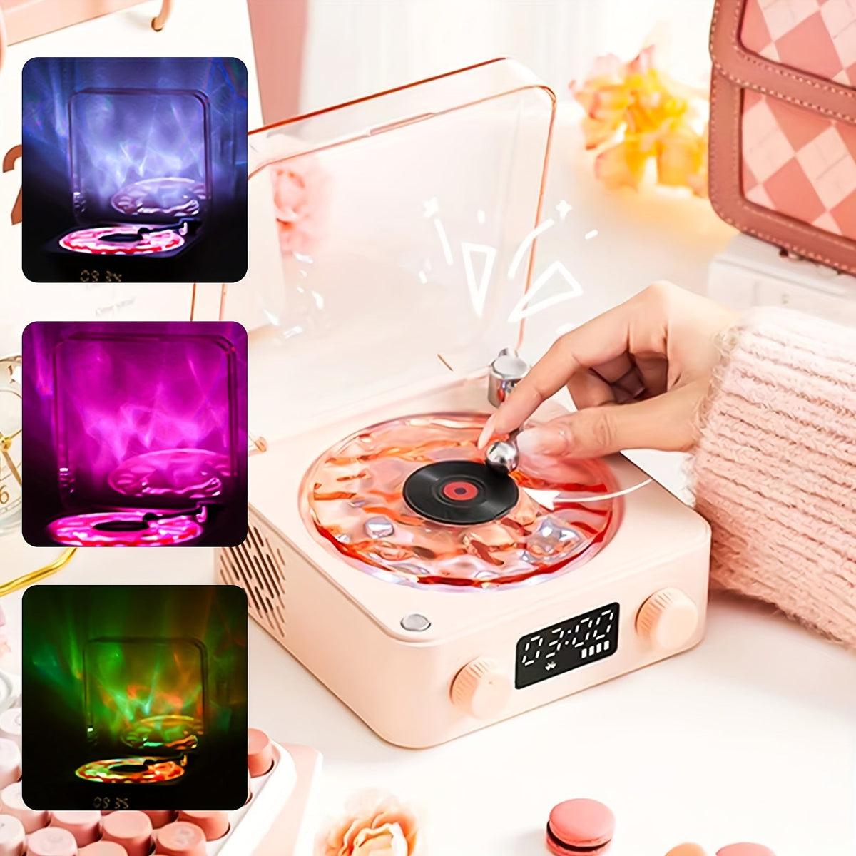1pc Multifunctional White Noise Stereo Wireless Speaker, 4 Natural Sounds, Immersive RGB Projection, Adjustable Ambient Lighting, Wireless Audio, Supports 4 Play Modes, Retro Turntable Appearance, Can Be Used As Holiday Gifts SS69