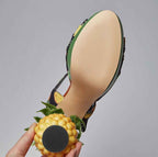 Women's Pineapple Print Platform Sandals - Thick Sole Super High Heels with Ankle Strap Closure, Open-Toe Summer Party Shoes in Pink & Green, Durable Fabric Upper & Rubber Sole for Dressy Occasions, Beachwear, Themed Events -