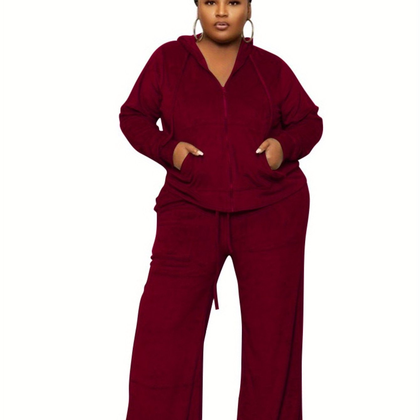 Plus Size - New Autumn And Winter Women'S Clothing in Large Sizes Featuring Solid Color Casual High-Waisted Wide-Leg Pants in a Two-Piece Set.