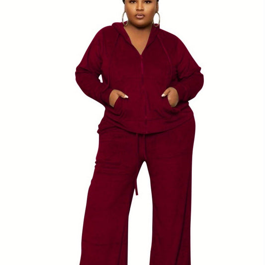 Plus Size - New Autumn And Winter Women'S Clothing in Large Sizes Featuring Solid Color Casual High-Waisted Wide-Leg Pants in a Two-Piece Set.
