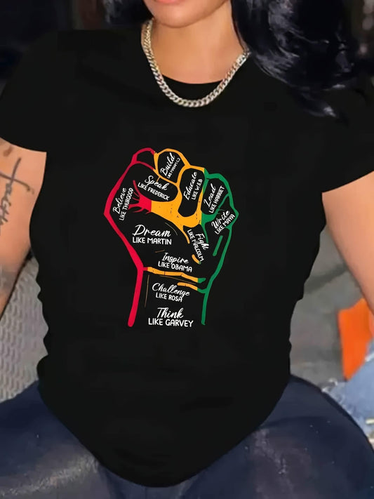 Women's Black History Month T-Shirt - Casual Crew Neck, Colorful Fist Graphic with Inspirational Quotes, Short Sleeve, 100%, Perfect for Outdoor Activities & Casual Wear SS69