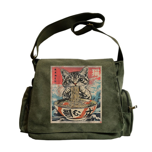 Large Capacity Shoulder Bag, Vintage Tote Crossbody Bag, Messenger Bag, Cat Eating Ramen Print, Suitable for Various Scenarios, Perfect Gift Choice for Shopping, Travel, and Dining Out SS69 20.69 Army Green