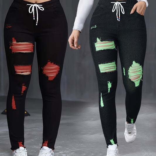 Women's High-Waisted Stretch Skinny Jeans - Black with Red & Green Thread Geometric Pattern, Y2K Distressed Ripped Cuffs & Slant Pockets, 85% Rayon/2% Elastane/13% Polyester Blend, Machine Washable All-Season Casual Pants SS69 25.69 Green / XXL