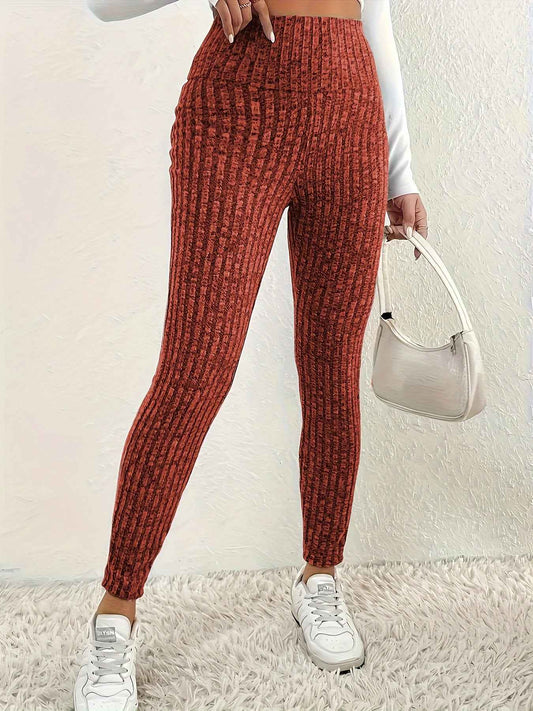1pc Plus Size High Waist Solid Color Knit Leggings, Casual Stretchy Slimming Tights for Women, Polyester Knitted Fabric, Autumn/Winter Season
