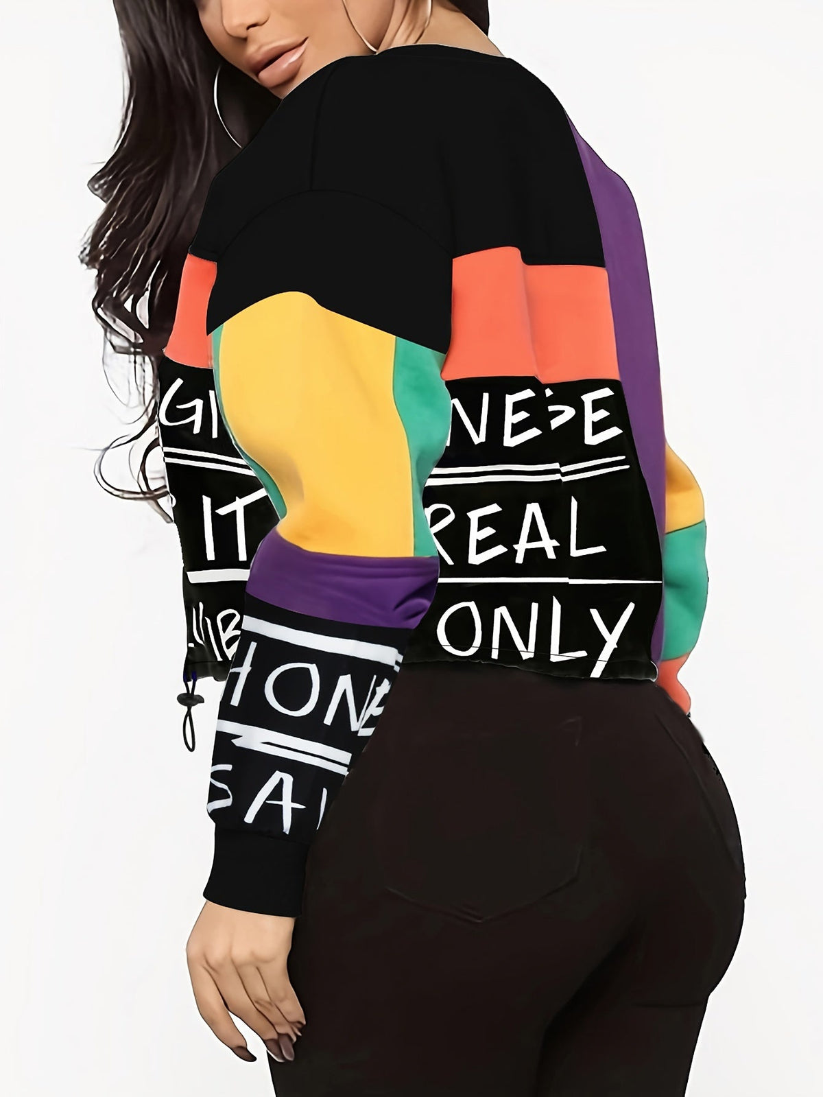 Women's Fashion Color Block Crew Neck Sweatshirt with Alphabet Print, Polyester 95% Spandex 5% Knit Fabric, Regular Fit Pullover with Drawstring Detail for All Seasons SS69