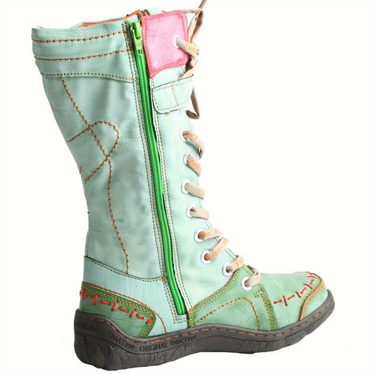 [Vintage Winter Boots] TMA EYE Vintage Winter Non-Slip Leather Boots, Powder-Coated Color-Blocking Fleece Mid-Calf Long Boots, Flat Thick-Soled Hiking Boots - SS69