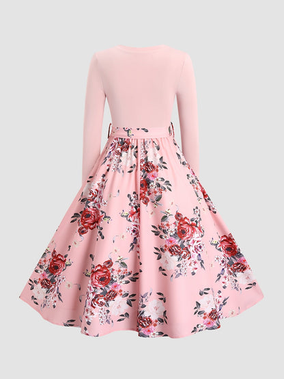 [Pink Floral Dress] Polyester Women's Pink Floral A-Line Dress - Long Sleeves, Round Neck, Machine Washable, Belt Detail, Perfect for Spring/Summer SS69