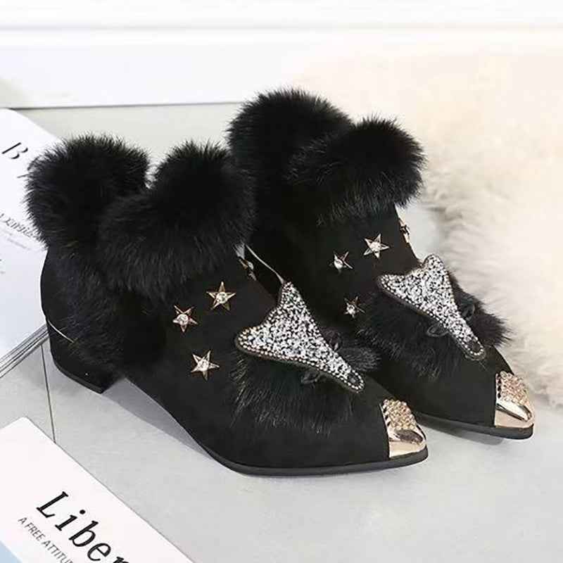Fashio Pointed Toe faux fur Shoes for Women, Large Size, Fleece-Lined, Thick Heel, Thick Sole, Autumn Winter Warm Shoes