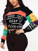 Women's Fashion Color Block Crew Neck Sweatshirt with Alphabet Print, Polyester 95% Spandex 5% Knit Fabric, Regular Fit Pullover with Drawstring Detail for All Seasons SS69