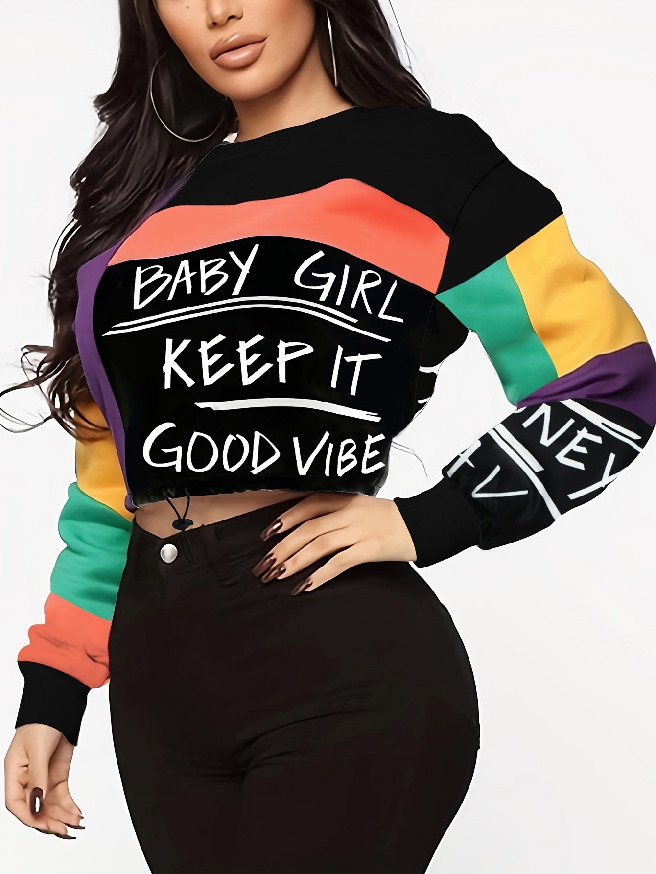 Women's Fashion Color Block Crew Neck Sweatshirt with Alphabet Print, Polyester 95% Spandex 5% Knit Fabric, Regular Fit Pullover with Drawstring Detail for All Seasons SS69
