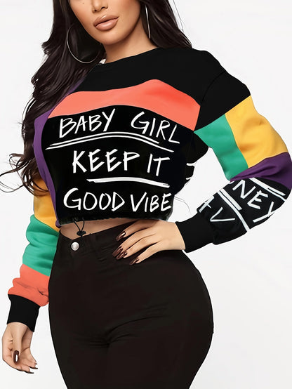 Women's Fashion Color Block Crew Neck Sweatshirt with Alphabet Print, Polyester 95% Spandex 5% Knit Fabric, Regular Fit Pullover with Drawstring Detail for All Seasons SS69