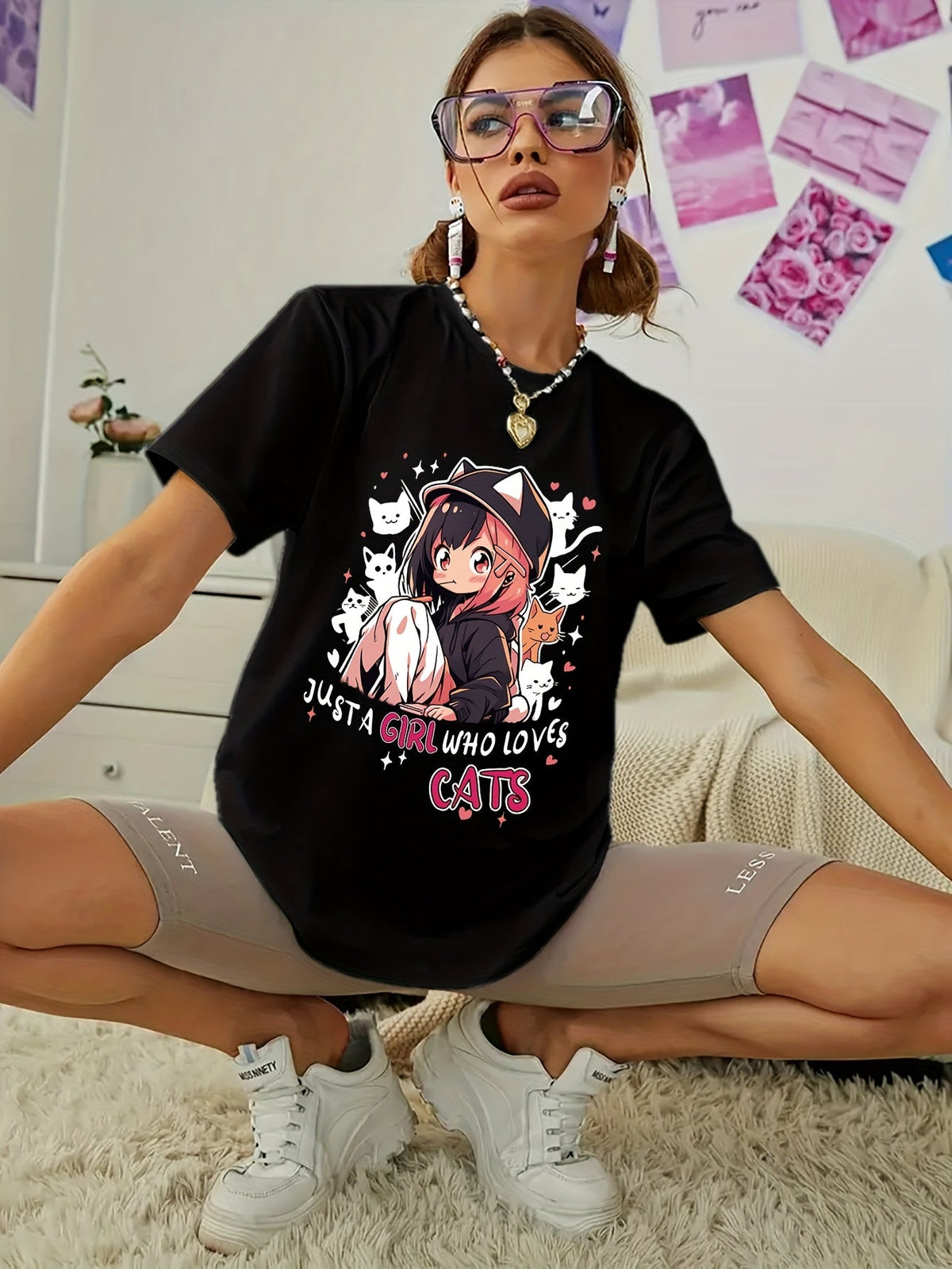 Anime Print T-shirt, Casual Short Sleeve Crew Neck Top For Spring & Summer, Women's Clothing SS69