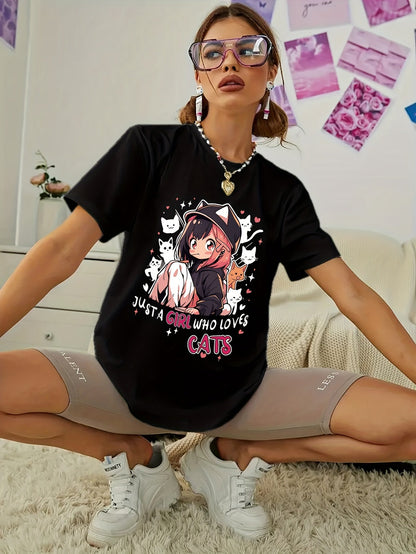 Anime Print T-shirt, Casual Short Sleeve Crew Neck Top For Spring & Summer, Women's Clothing SS69