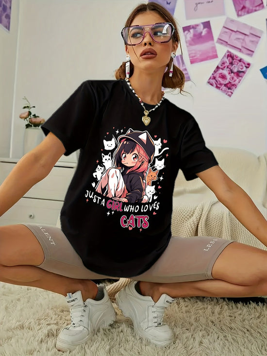 Anime Print T-shirt, Casual Short Sleeve Crew Neck Top For Spring & Summer, Women's Clothing SS69