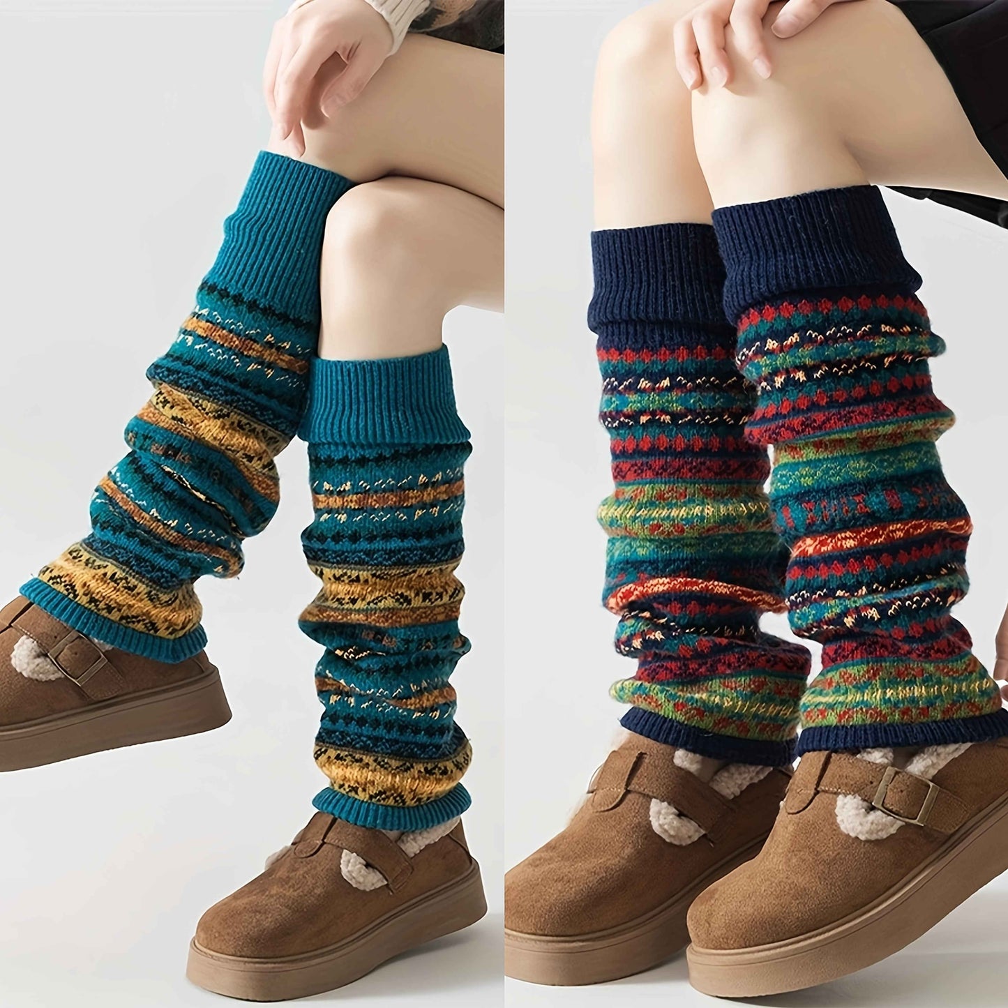 [Bohemian Leg Warmers] 1/2 Pair Women's Bohemian Leg Warmers - Cozy Geometric Pattern, Thick Warm Fleece-Lined Cuffs, Brown & Beige, Perfect for Fall & Winter, Winter Leg Warmers | Bohemian Style | Construction, Leg Warmers f