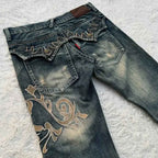 Women's Vintage Y2K Jeans - Mid-Rise Flared Pants, Washed Black Retro Leggings for 2000s Fashion Outfits, Casual & Formal Events - All-Season Jeans, Embroidered Details, Durable Fabric, Stylish Bottoms, Women, Trendy Outfit,