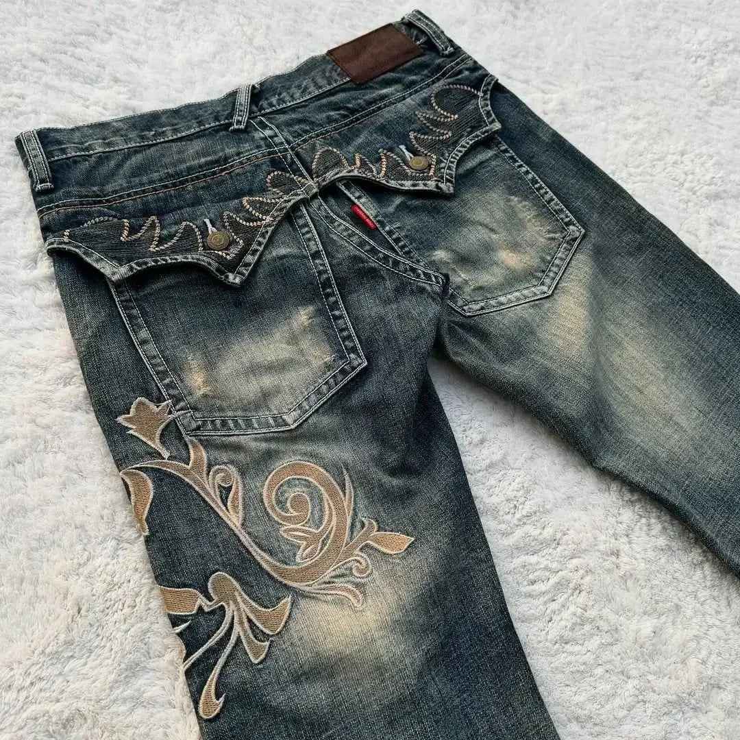 Women's Vintage Y2K Jeans - Mid-Rise Flared Pants, Washed Black Retro Leggings for 2000s Fashion Outfits, Casual & Formal Events - All-Season Jeans, Embroidered Details, Durable Fabric, Stylish Bottoms, Women, Trendy Outfit,