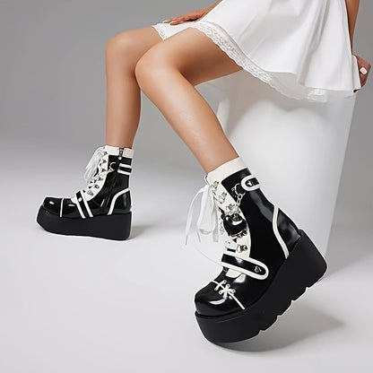 [Goth Rave High Heel Boots] Goth Rave High Heel Round Toe Zipper Wedges Mid Calf Booties - Platform Ankle Boots For Women - Kawaii Shoes SS69