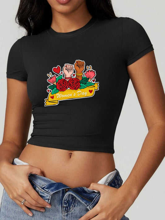 Women's Black Crop Top T-Shirt with 'Power and Love' Graphic Design - Short Sleeve, Casual Wear, Stretch Polyester Fabric, Fist & Floral Print, Machine Washable, Empowering Apparel | Fitted Crop Top | Glossy Texture SS69