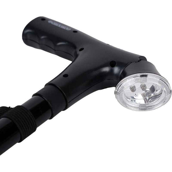 Heavy-Duty Folding Cane with LED Light & Alarm - Adjustable Height (5-Tier/83.82cm-96.52cm) Cane Suitable for, Stick with Pivoting Quad Base, Slip-Resistant Tip, T-Handle & Wrist Strap (Collapsible Crutch)