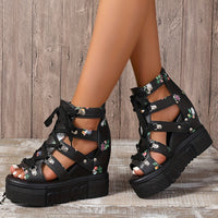 Women's Floral Vintage Sandals, Back Zipper Platform Hollow Lace Up Shoes, Summer Breathable Wedge Holiday Shoes SS69