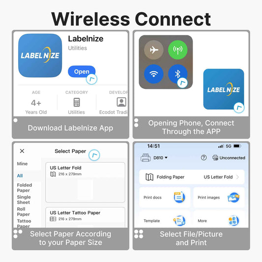 Portable Printer Wireless For Travel, Thermal Printer Inkless, Small Compact Printer Support Folding Paper/rolling/tattoo paper, Work With Laptop Phone And Pad