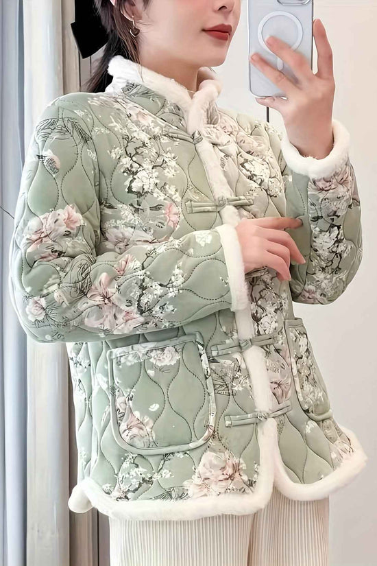 Plus Size, Women's Chinese Style Winter Coat with Cheona Collar (Standing Pronunciation) - Thick Padded Warm Jacket, Retro Button Front, Zipper Back Closure, Machine Washable Outerwear