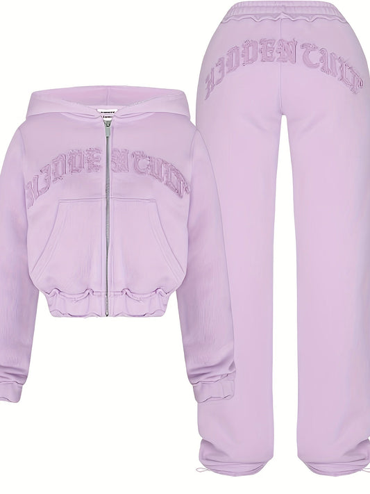 Chic Women's Athletic Set: Full-Zip Hoodie & Slim-Fit Pants - Comfortable, Adjustable, and Stylish with Letter Print Design SS69