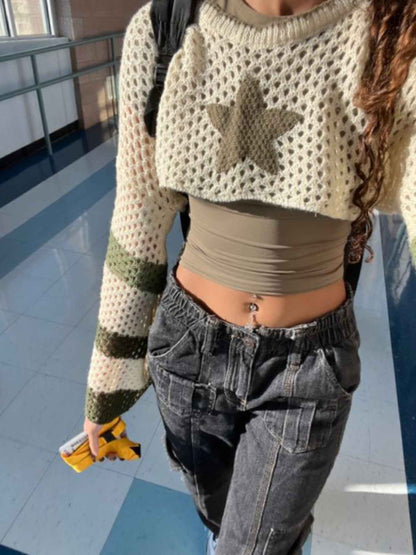 Women's Y2K Cropped Sweater Top - Soft Hollow Out Sheer Blouseable Base Suitable for Dinner Dates & Weekend Outfits, Spring Summer Fall Layering Piece, Classic Fit Long Sleeve Striped Colorblock Star Pattern (Hand Washable)