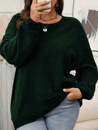 Plus Size - Women'S Solid Color Crew Neck Sweater | Casual Style, Medium Stretch Fabric, Ideal for Fall/Winter