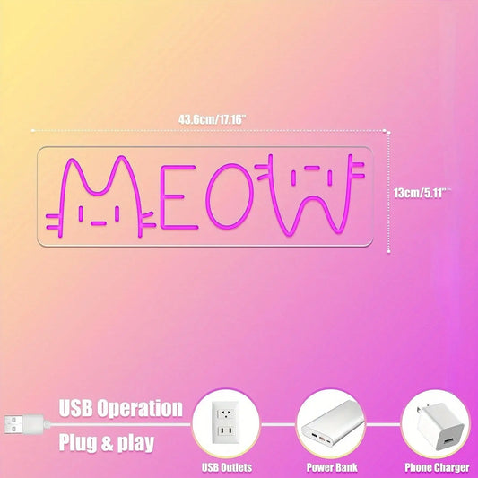 1pc LED Neon Sign Light, Pink "Meow" Cat Shaped Wall Decor Light, Bright Neon Light With USB For Girls Bedroom Decoration, 5V Adjustable Lighting, Perfect For Room Accent SS69