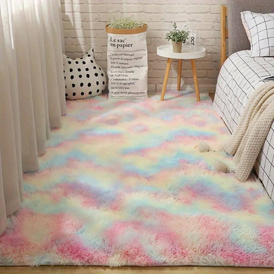 1pc Long Plush Fabric Gradient Rainbow Color Carpet Rug With Soft Thicken Sponge SS69 50.69 Long Hair- Gradient colorful / 120*160CM